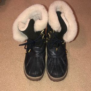Tory Burch Flannel and Leather Shearling Duck Boots